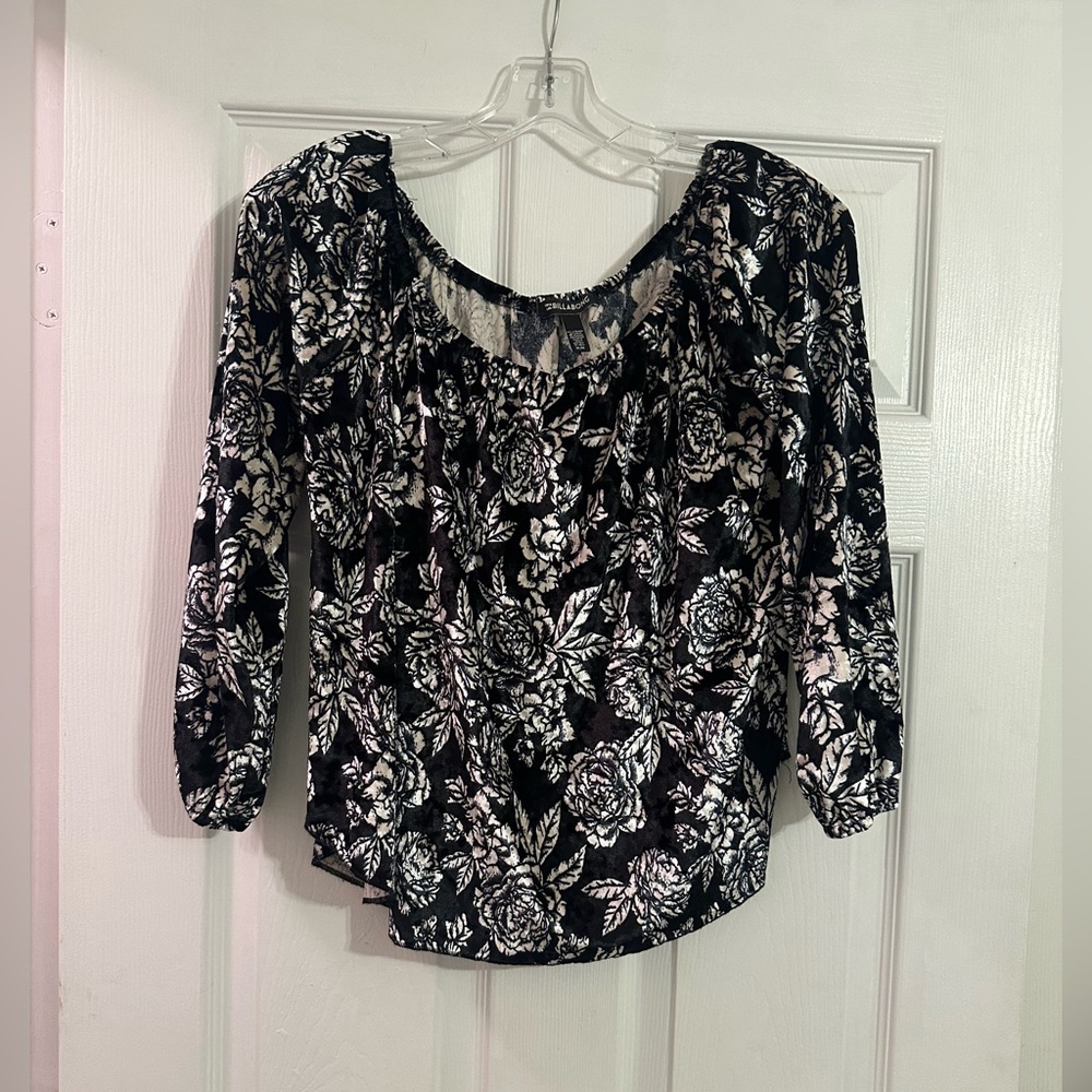 Billabong Black and White Velvet Floral Top